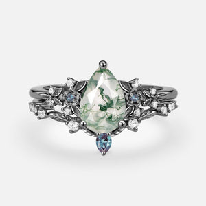 Pear Shaped Moss Agate Flower Bridal Ring Set 2pcs.