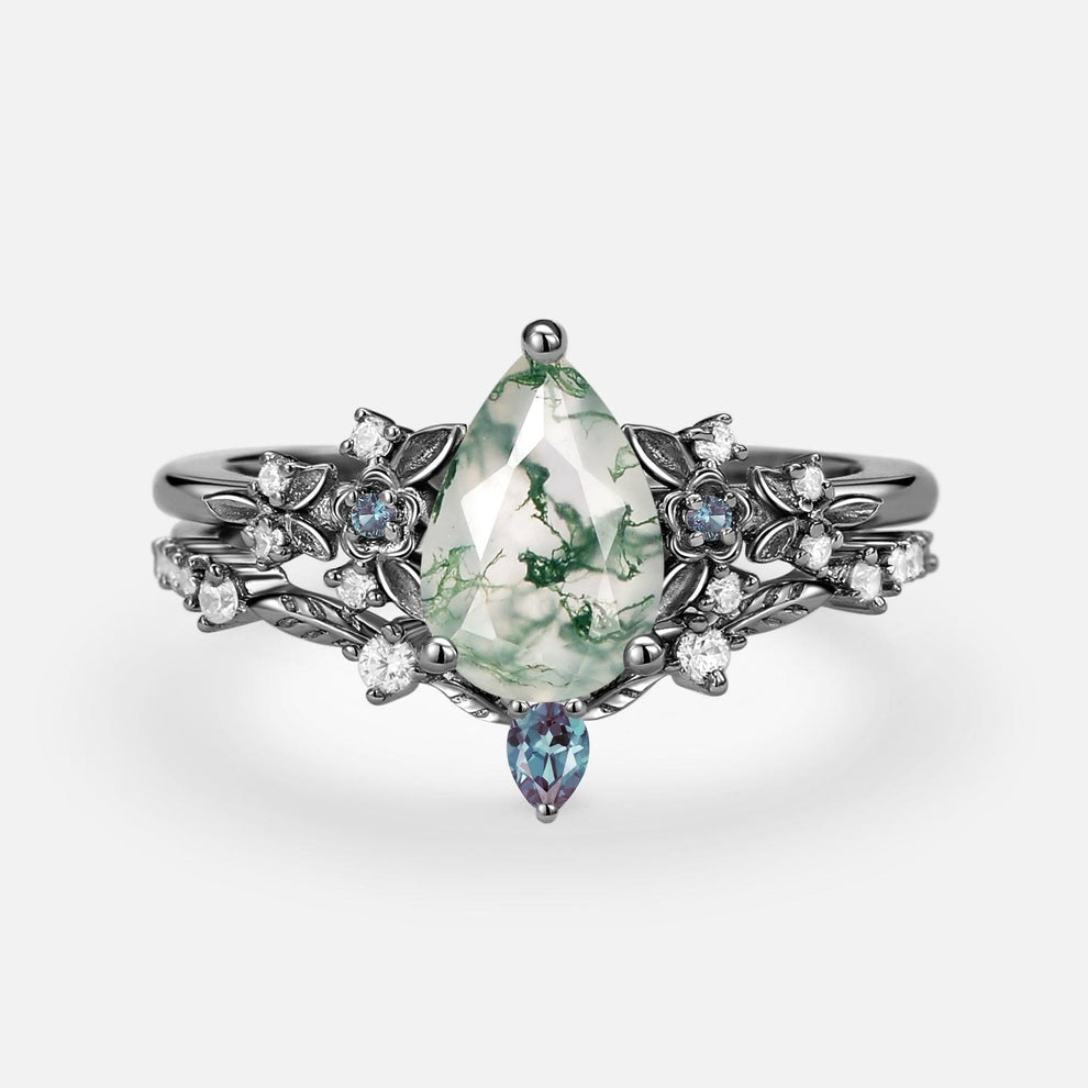 Pear Shaped Moss Agate Flower Bridal Ring Set 2pcs.
