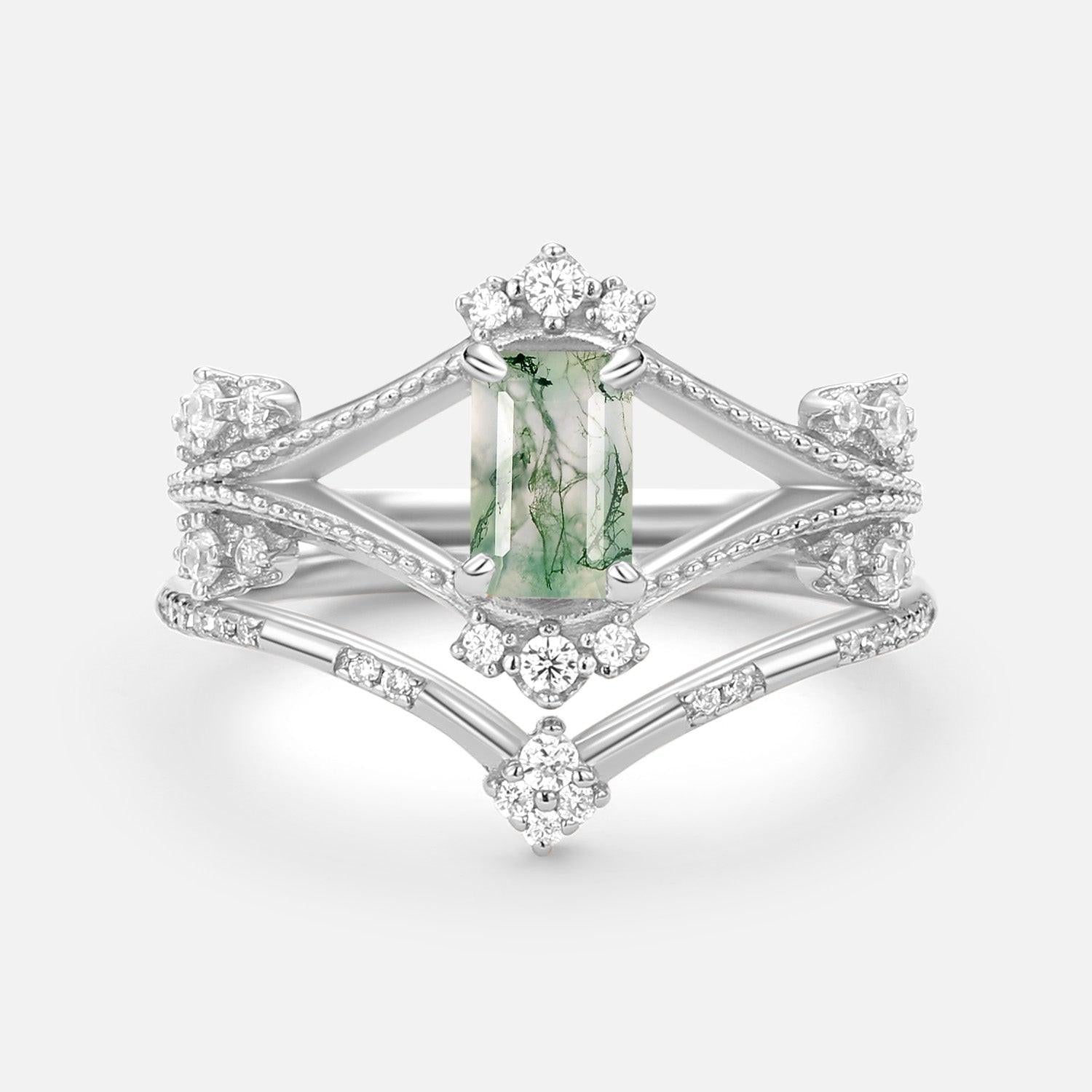 Emerald Cut Green Moss Agate Unique Engagement Ring Set 2PCS.