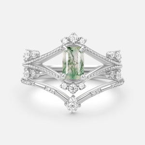 Emerald Cut Green Moss Agate Unique Engagement Ring Set 2PCS.