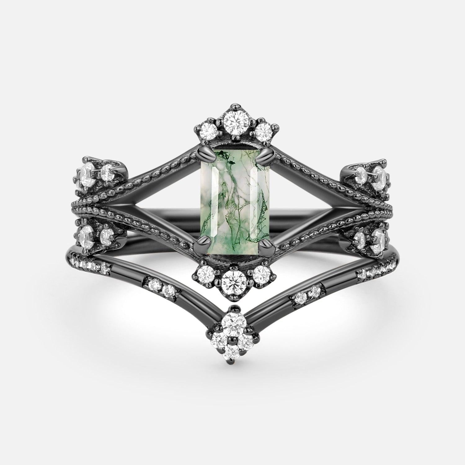 Emerald Cut Green Moss Agate Unique Engagement Ring Set 2PCS.