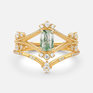 Emerald Cut Green Moss Agate Unique Engagement Ring Set 2PCS.