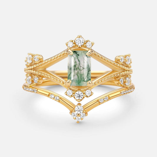 Emerald Cut Green Moss Agate Unique Engagement Ring Set 2PCS.