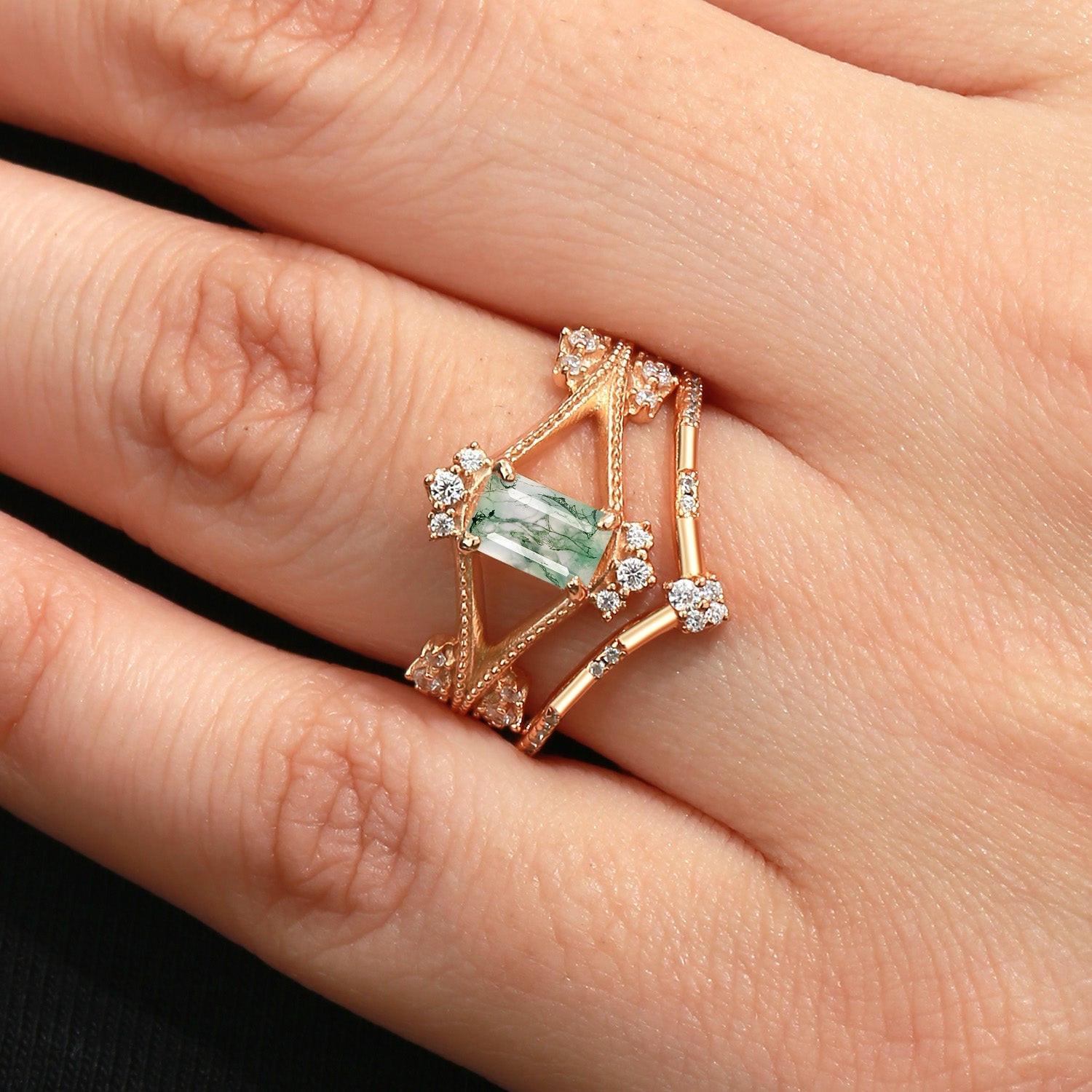Emerald Cut Green Moss Agate Unique Engagement Ring Set 2PCS.