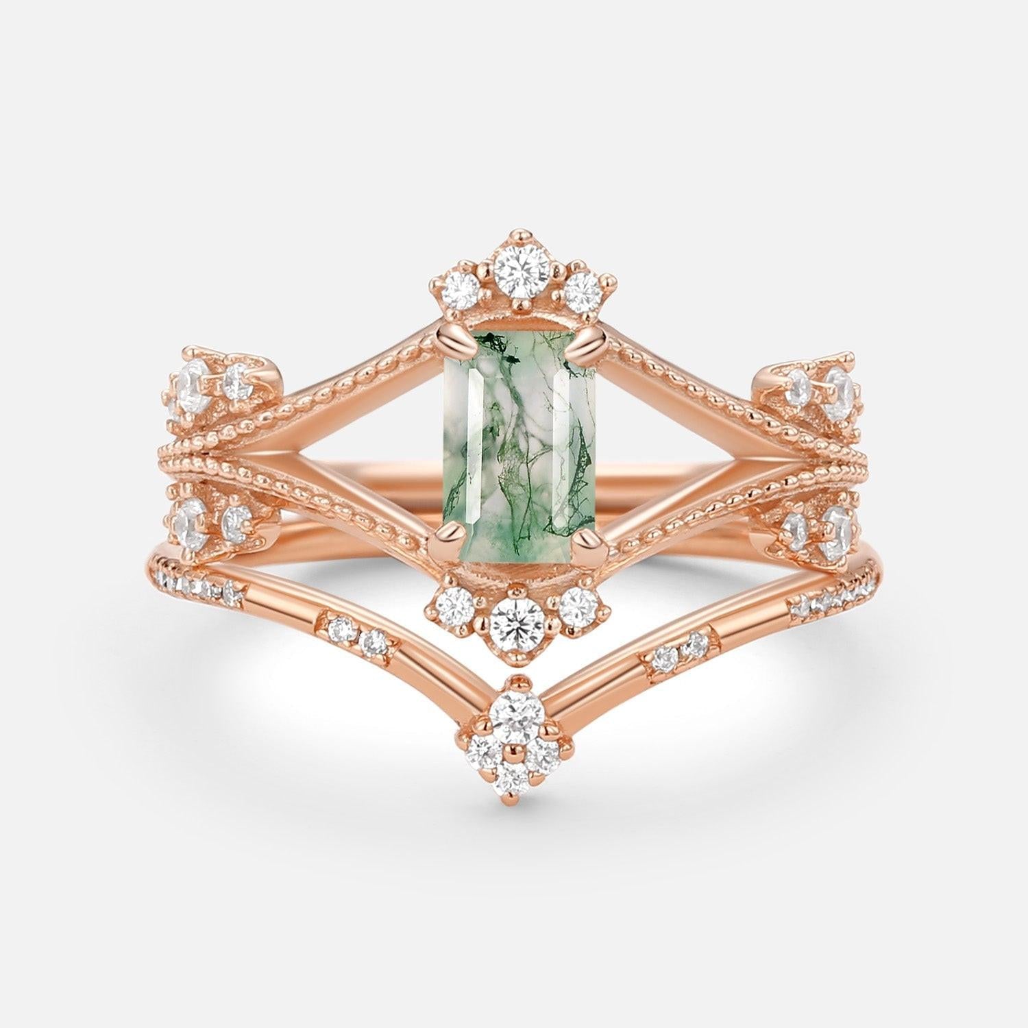 Emerald Cut Green Moss Agate Unique Engagement Ring Set 2PCS.