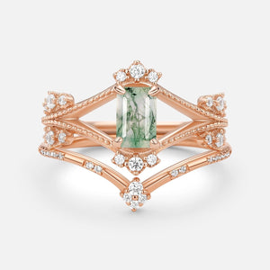 Emerald Cut Green Moss Agate Unique Engagement Ring Set 2PCS.