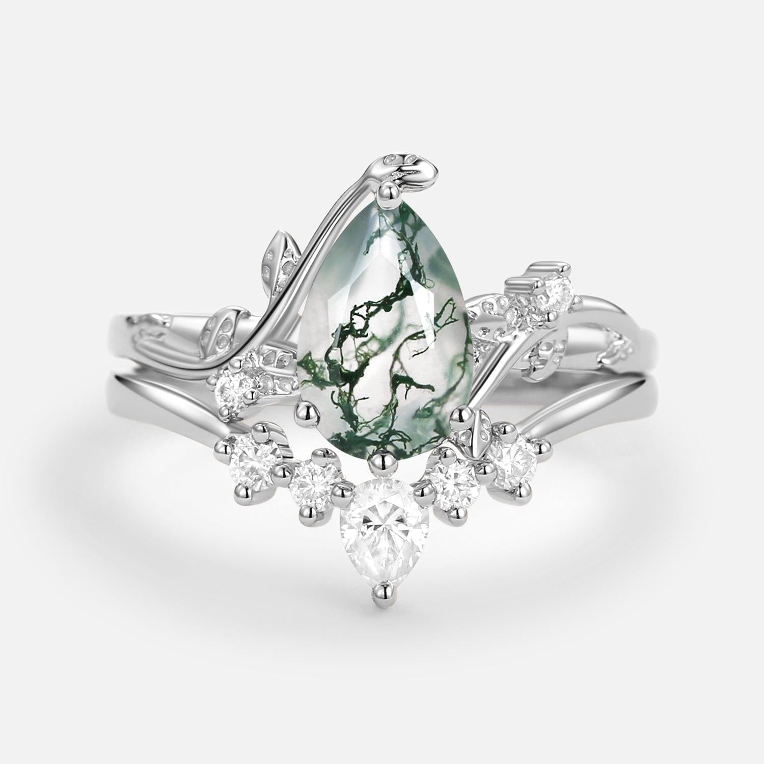 Willow Unique Pear Shaped Moss Agate Leafy Bridal Ring Sets 2pcs.