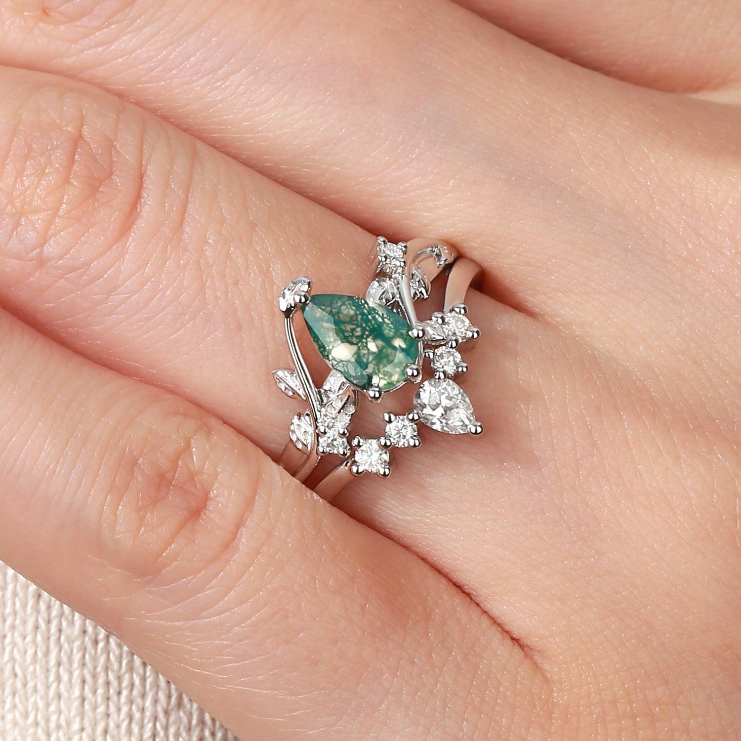 Willow Unique Pear Shaped Moss Agate Leafy Bridal Ring Sets 2pcs.