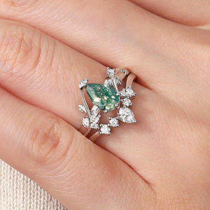 Willow Unique Pear Shaped Moss Agate Leafy Bridal Ring Sets 2pcs.