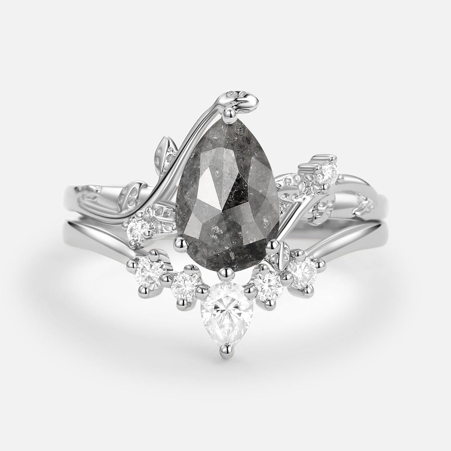 Willow Unique Pear Shaped Moss Agate Leafy Bridal Ring Sets 2pcs.