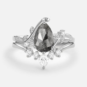 Willow Unique Pear Shaped Moss Agate Leafy Bridal Ring Sets 2pcs.