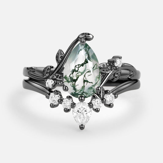 Willow’s Shadow | Black Gold Pear Shaped Moss Agate Leafy Bridal Set 2pcs.
