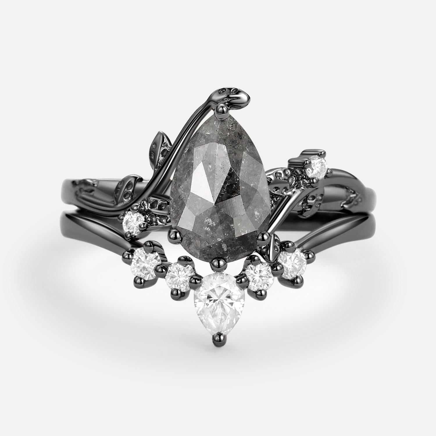 Willow Unique Pear Shaped Moss Agate Leafy Bridal Ring Sets 2pcs.