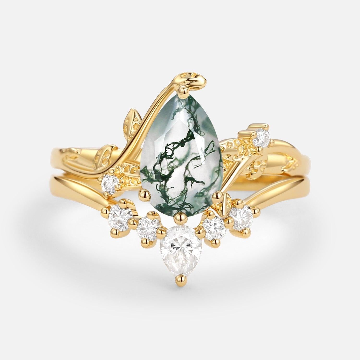 Willow Unique Pear Shaped Moss Agate Leafy Bridal Ring Sets 2pcs.