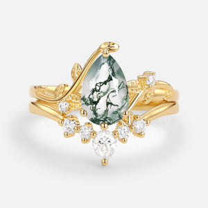 Willow Unique Pear Shaped Moss Agate Leafy Bridal Ring Sets 2pcs.