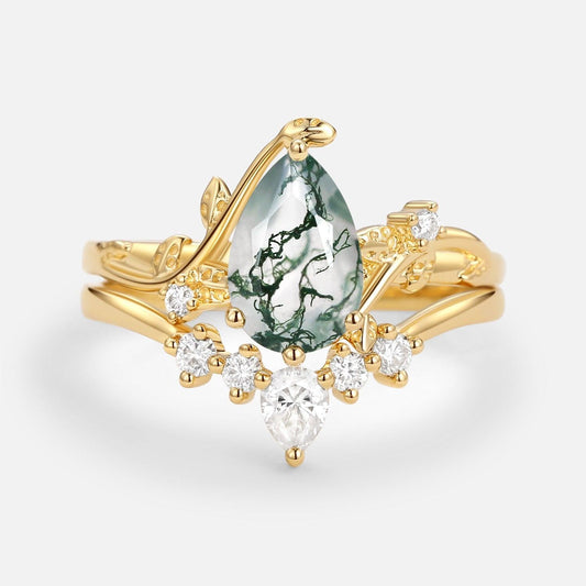 Willow Unique Pear Shaped Moss Agate Leafy Bridal Ring Sets 2pcs.