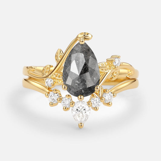 Willow Unique Pear Shaped Moss Agate Leafy Bridal Ring Sets 2pcs.