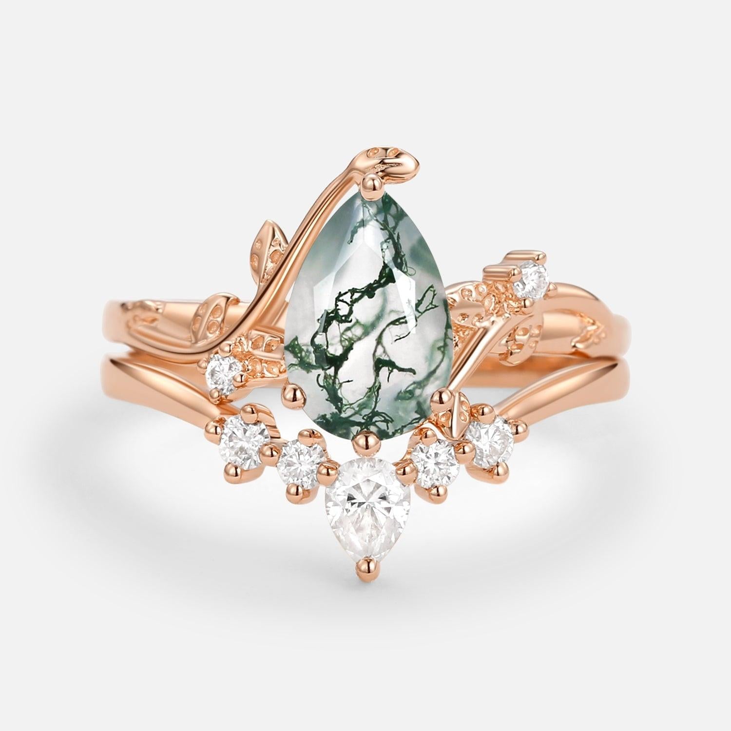 Willow Unique Pear Shaped Moss Agate Leafy Bridal Ring Sets 2pcs.