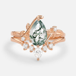 Willow Unique Pear Shaped Moss Agate Leafy Bridal Ring Sets 2pcs.