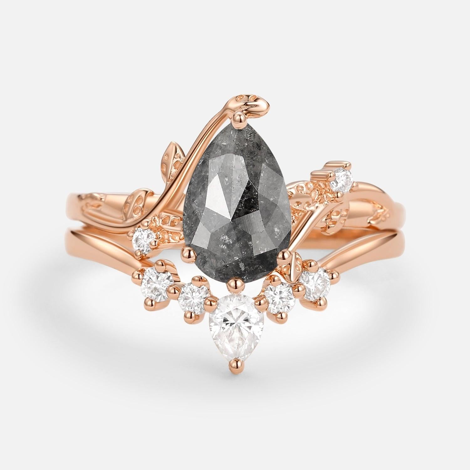 Willow Unique Pear Shaped Moss Agate Leafy Bridal Ring Sets 2pcs.