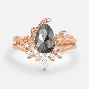 Willow Unique Pear Shaped Moss Agate Leafy Bridal Ring Sets 2pcs.