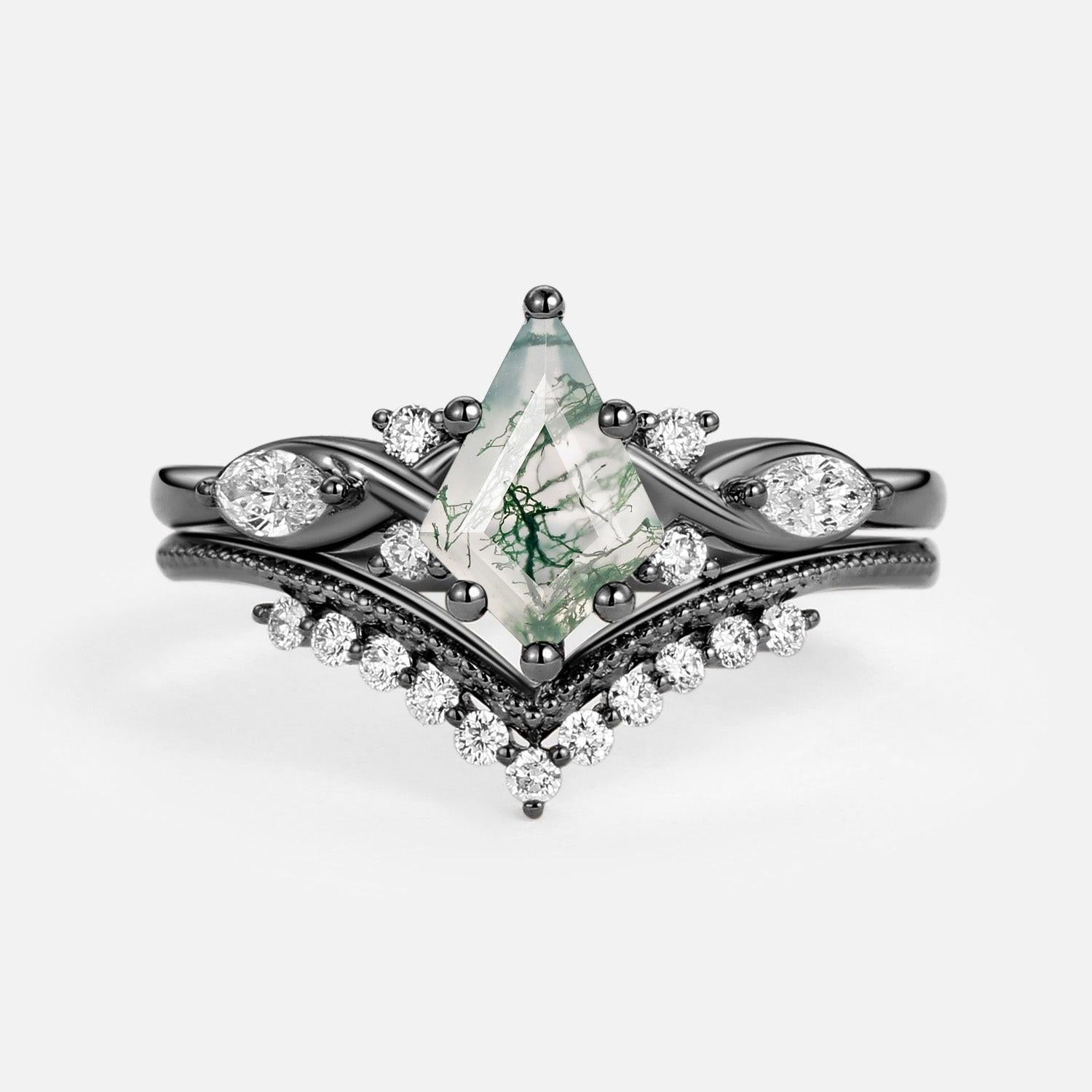 Unique Kite Moss Agate Infinity Engagement Ring Sets 2pcs.