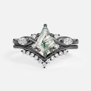 Unique Kite Moss Agate Infinity Engagement Ring Sets 2pcs.