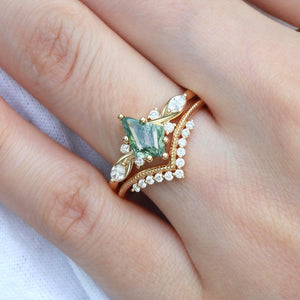Unique Kite Moss Agate Infinity Engagement Ring Sets 2pcs.