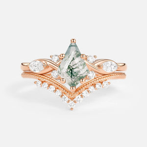 Unique Kite Moss Agate Infinity Engagement Ring Sets 2pcs.