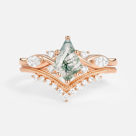 Unique Kite Moss Agate Infinity Engagement Ring Sets 2pcs.