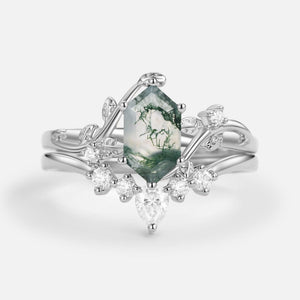 Willow Unique Hexagon Cut Moss Agate Leafy Bridal Ring Sets 2pcs.