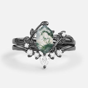Willow Unique Hexagon Cut Moss Agate Leafy Bridal Ring Sets 2pcs.