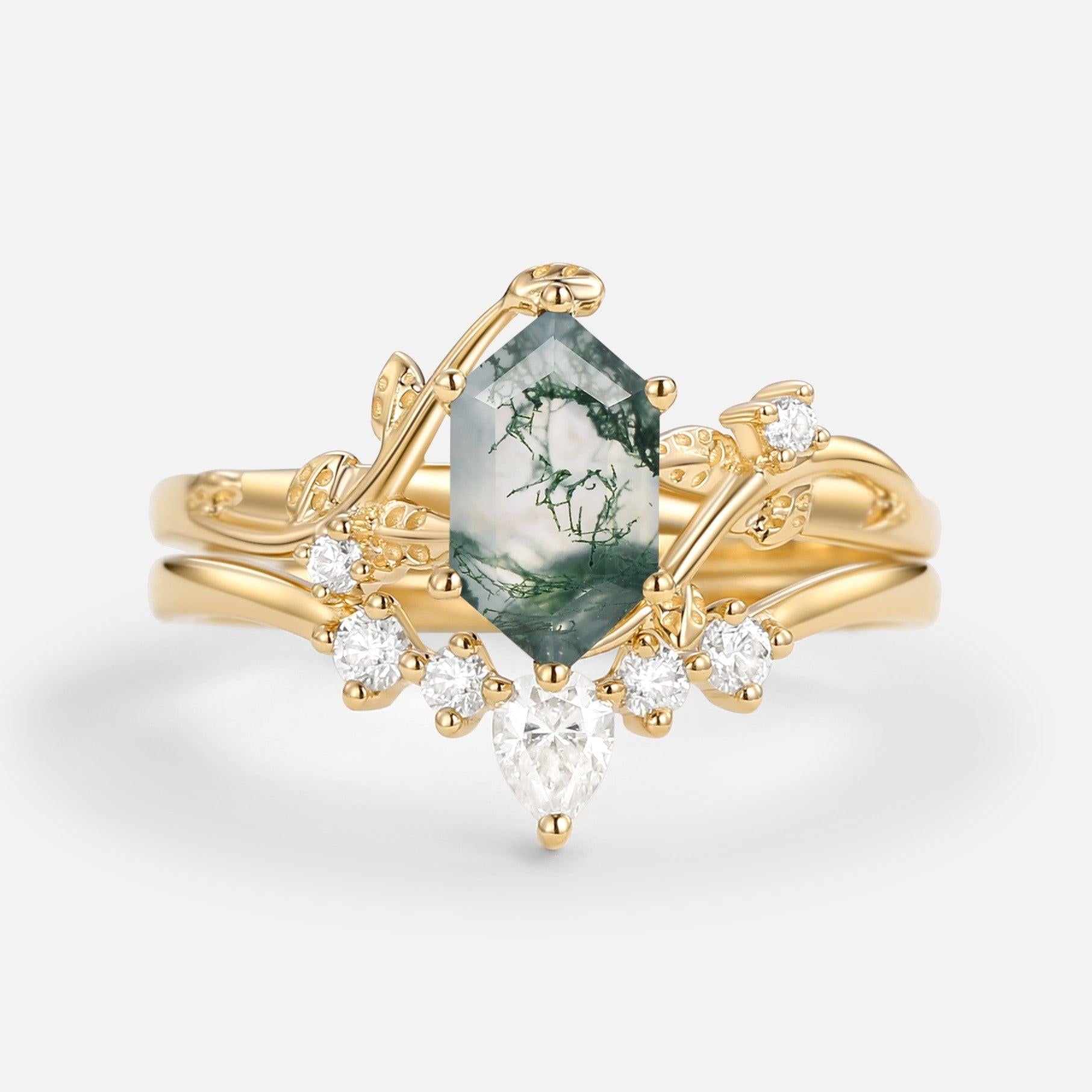 Willow Unique Hexagon Cut Moss Agate Leafy Bridal Ring Sets 2pcs.