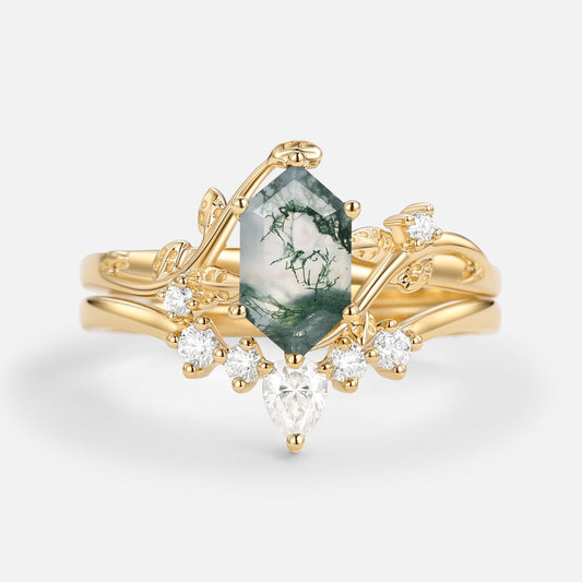 Willow Unique Hexagon Cut Moss Agate Leafy Bridal Ring Sets 2pcs.