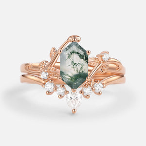 Willow Unique Hexagon Cut Moss Agate Leafy Bridal Ring Sets 2pcs.