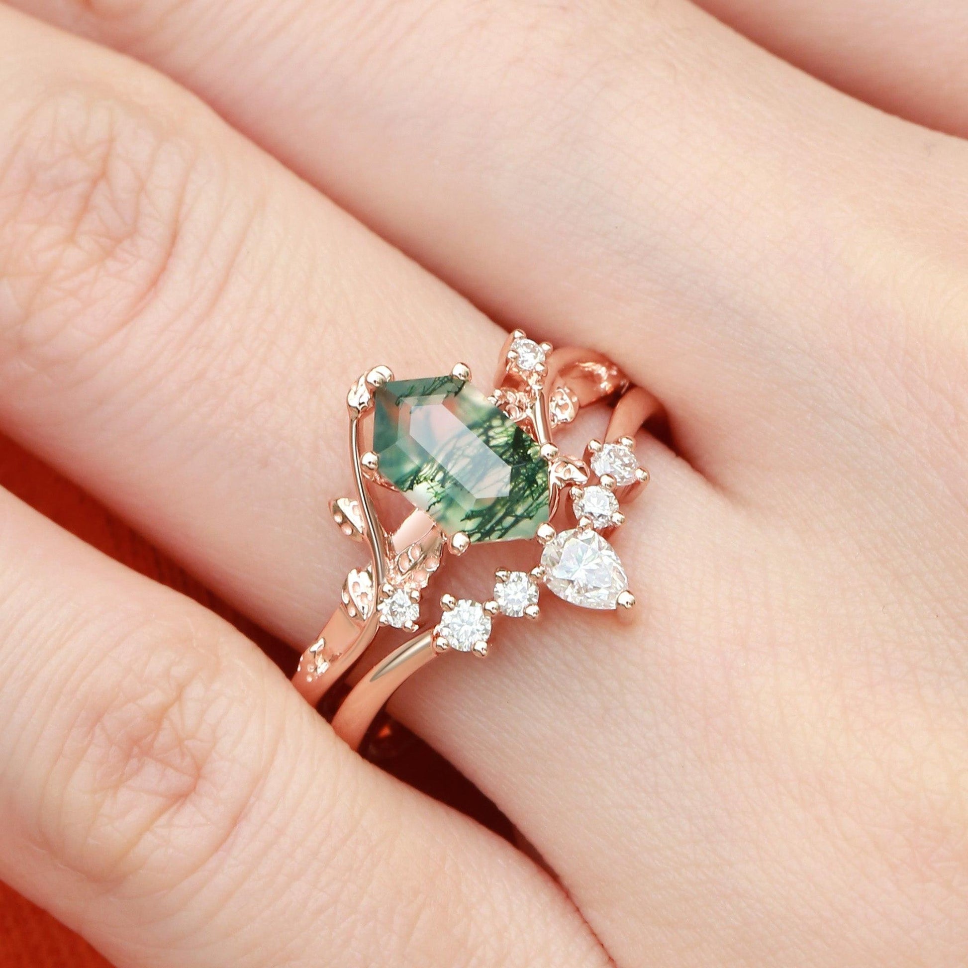 Willow Unique Hexagon Cut Moss Agate Leafy Bridal Ring Sets 2pcs.
