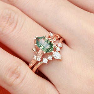 Willow Unique Hexagon Cut Moss Agate Leafy Bridal Ring Sets 2pcs.