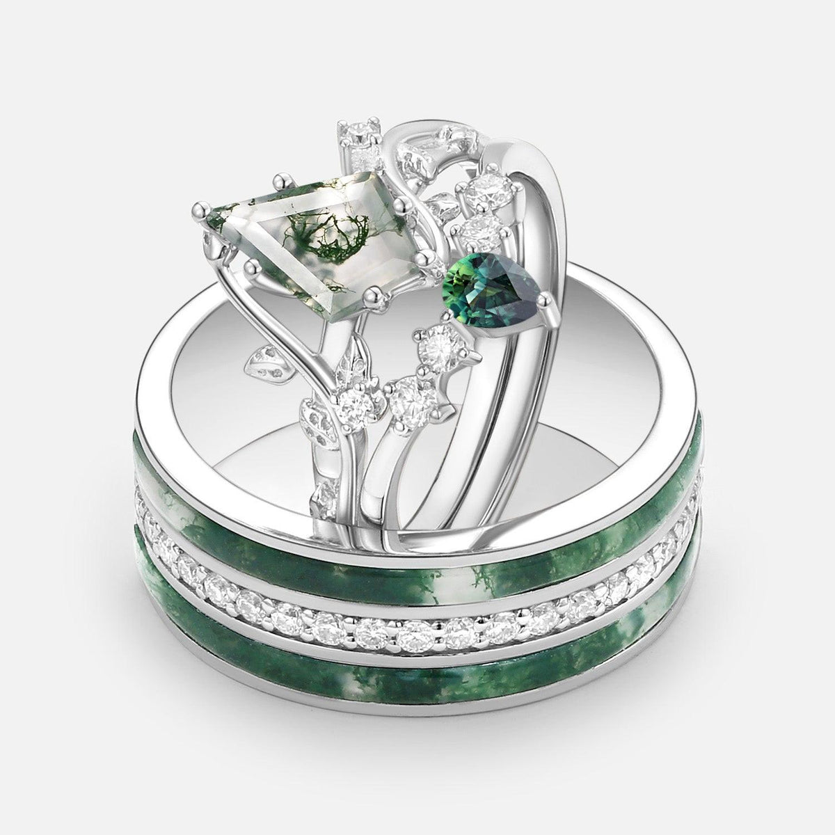Sylvie’s Brook | Moss Agate & Teal Sapphire Leafy Couple Ring Set 3pcs.