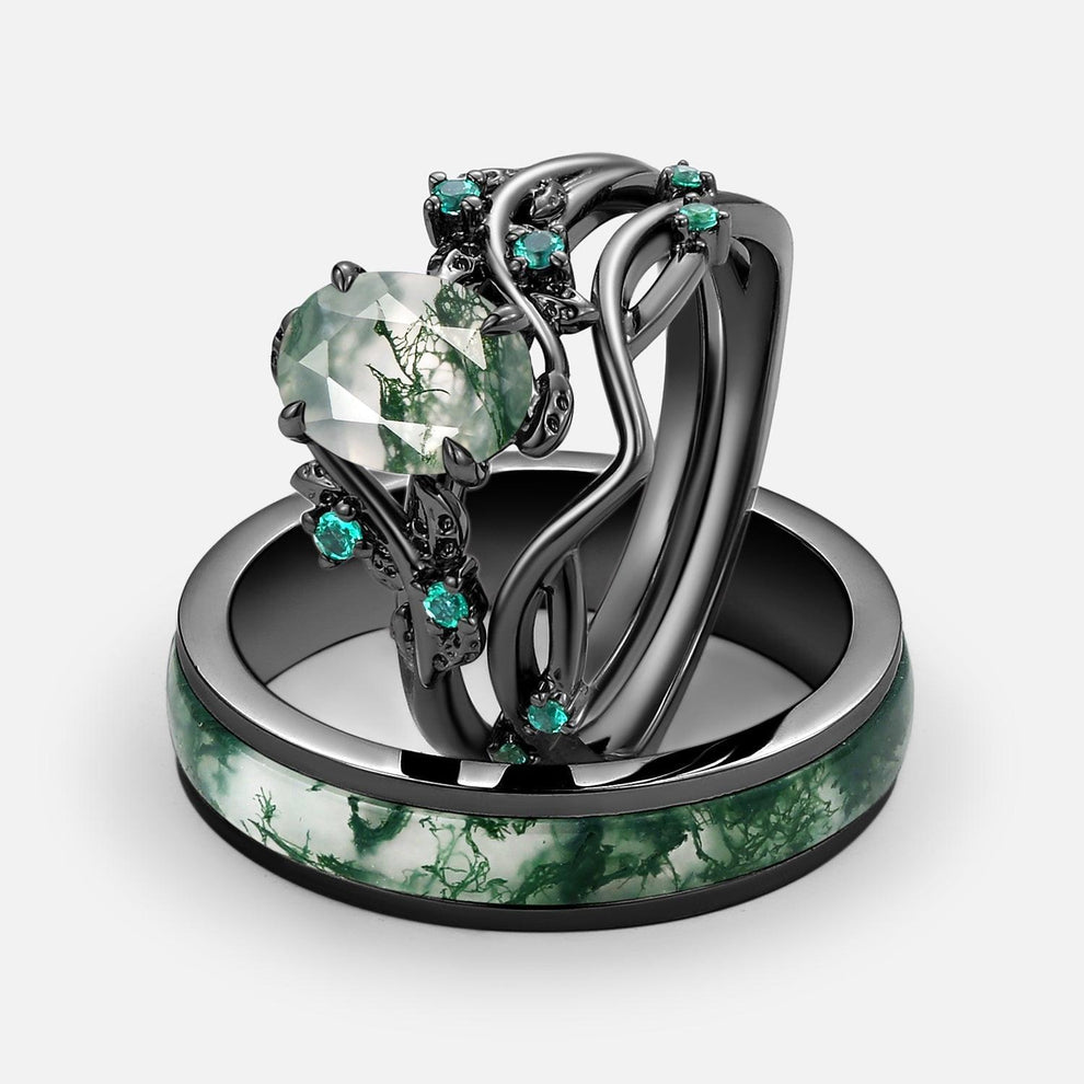 Evergreen Vows | Oval Moss Agate Leaf Veil Black Gold Couple Set 3pcs.