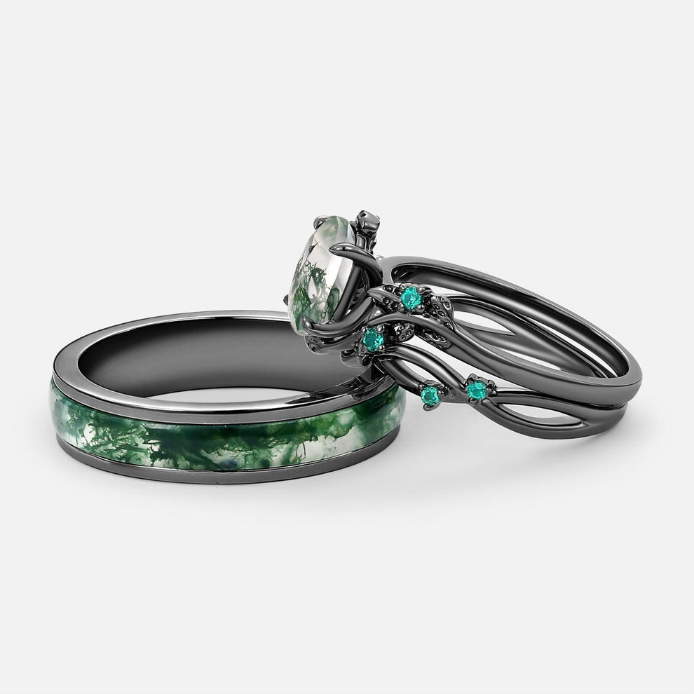 Evergreen Vows | Oval Moss Agate Leaf Veil Black Gold Couple Set 3pcs.