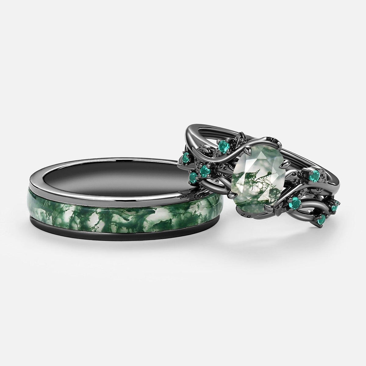 Evergreen Vows | Oval Moss Agate Leaf Veil Black Gold Couple Set 3pcs.