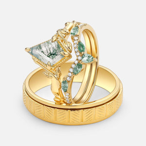 Flora’s Lark Trio | Kite Cut Moss Agate Leafy Couple Ring Set 3pcs.