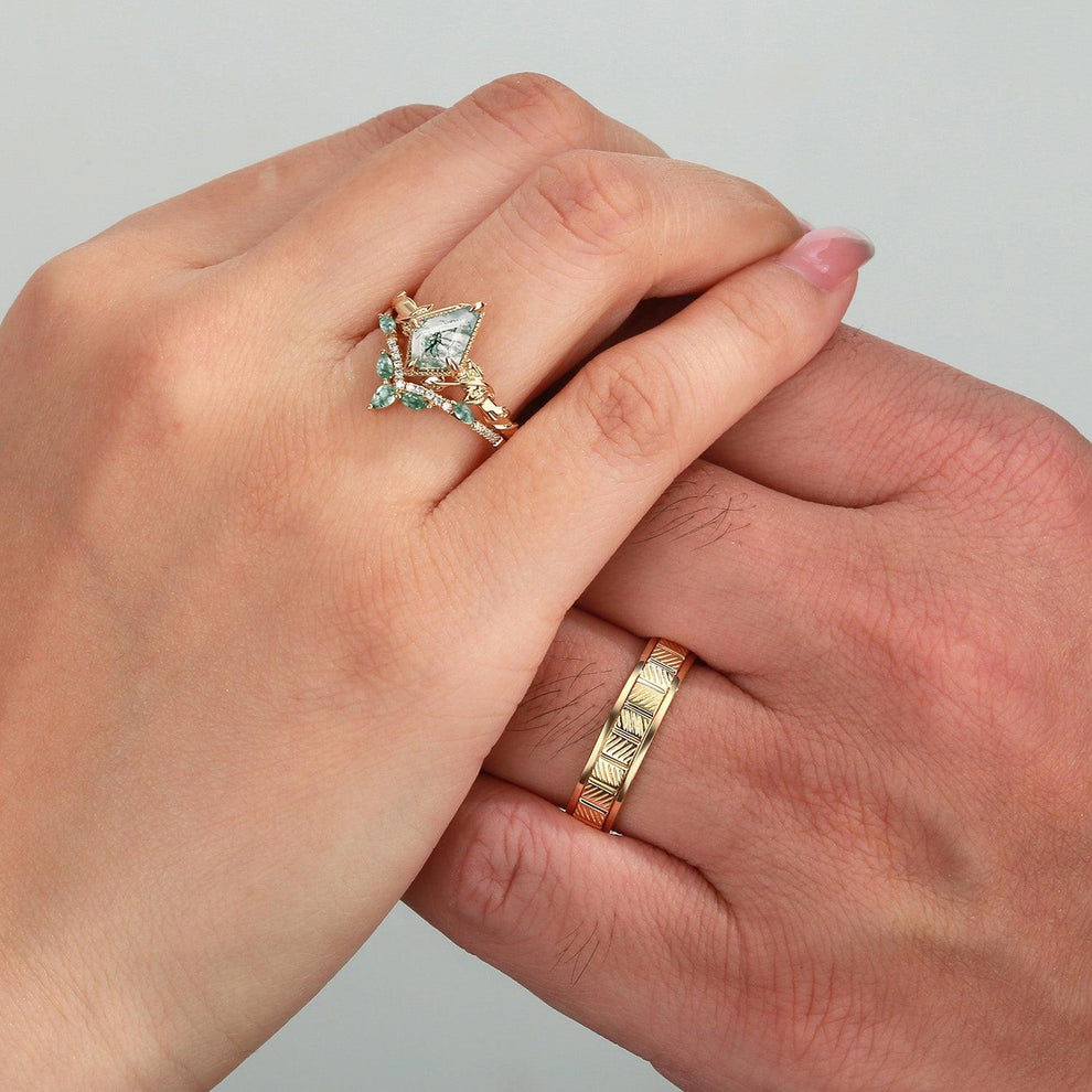 Flora’s Lark Trio | Kite Cut Moss Agate Leafy Couple Ring Set 3pcs.