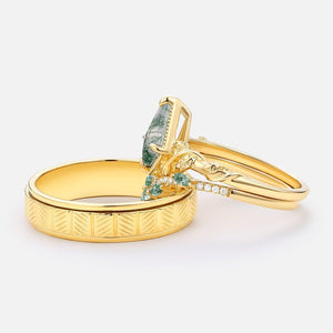 Flora’s Lark Trio | Kite Cut Moss Agate Leafy Couple Ring Set 3pcs.