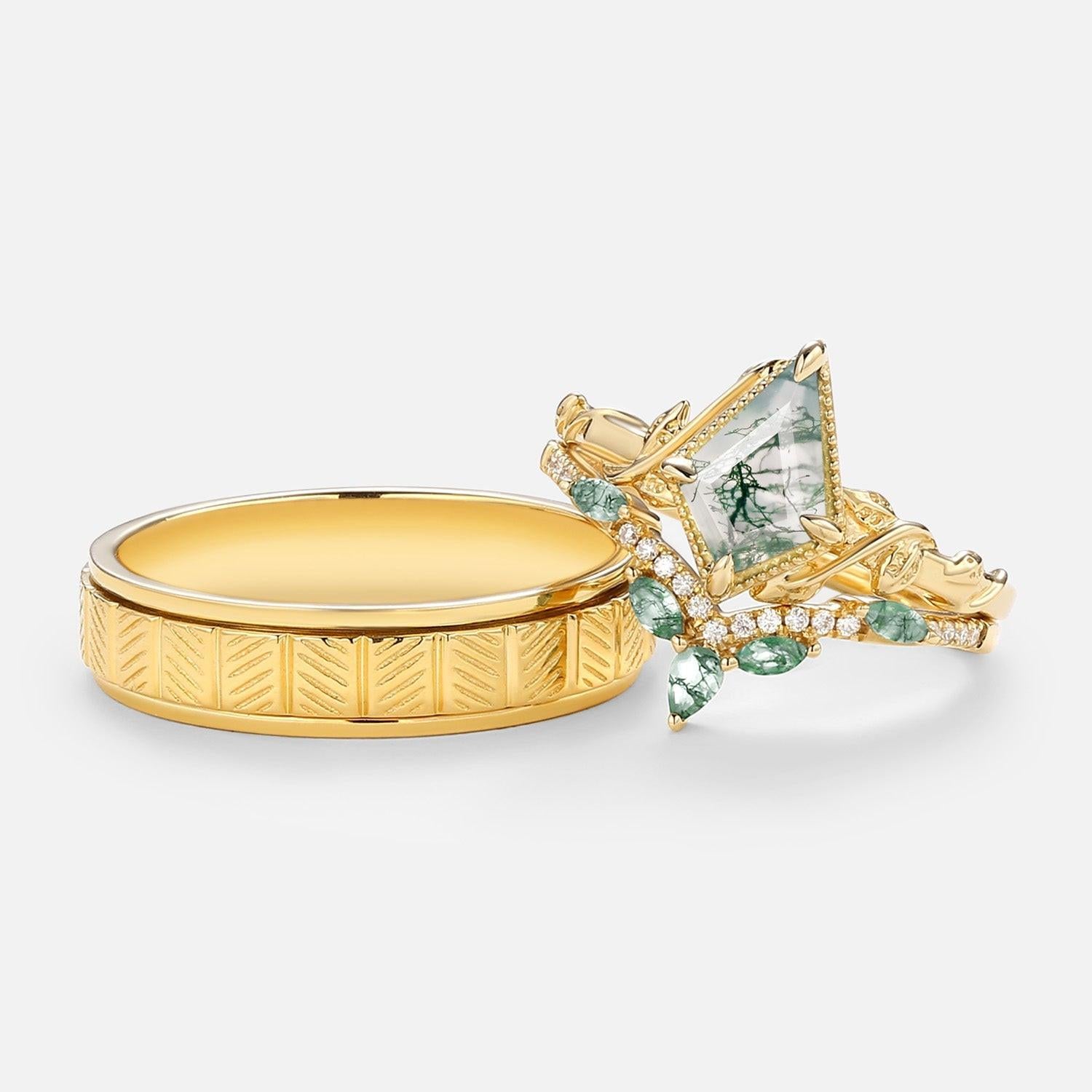 Flora’s Lark Trio | Kite Cut Moss Agate Leafy Couple Ring Set 3pcs.