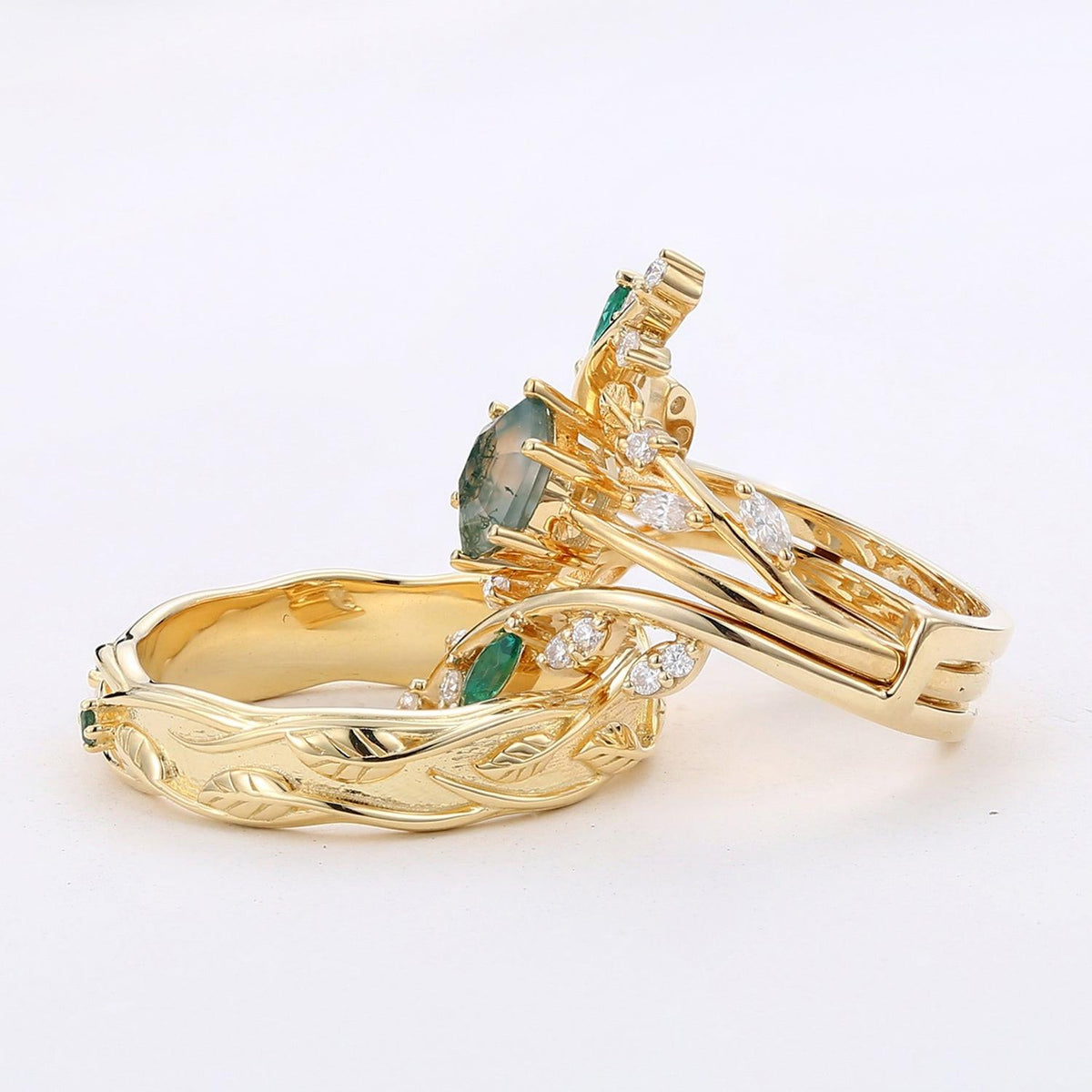 Flora’s Lattice | Hexagon Moss Agate Cage Leafy Couple Set 3pcs.
