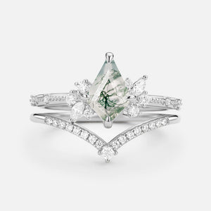 Kite Cut Unique Moss Agate & Moissanite Engagement Ring Set 2pcs.