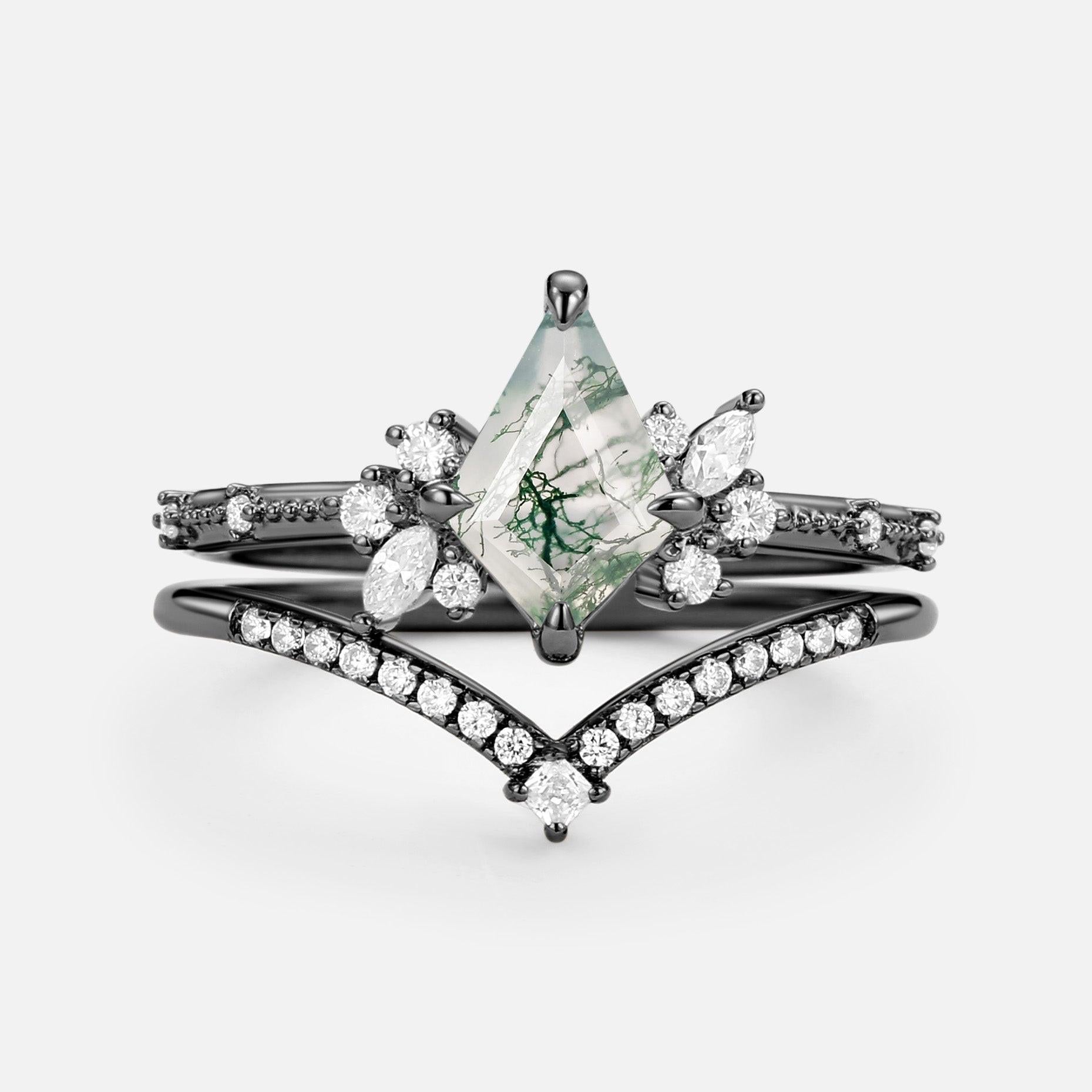 Kite Cut Unique Moss Agate & Moissanite Engagement Ring Set 2pcs.