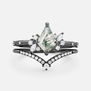 Kite Cut Unique Moss Agate & Moissanite Engagement Ring Set 2pcs.