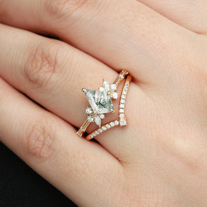 Kite Cut Unique Moss Agate & Moissanite Engagement Ring Set 2pcs.